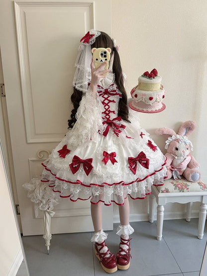 White Princess Lace Bow Doll-Style Sweet JSK Details Red with Lolita Dress