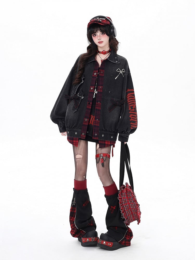 Faux Two-Piece Denim Jacket with Plaid Patchwork and Bowknot Details Black