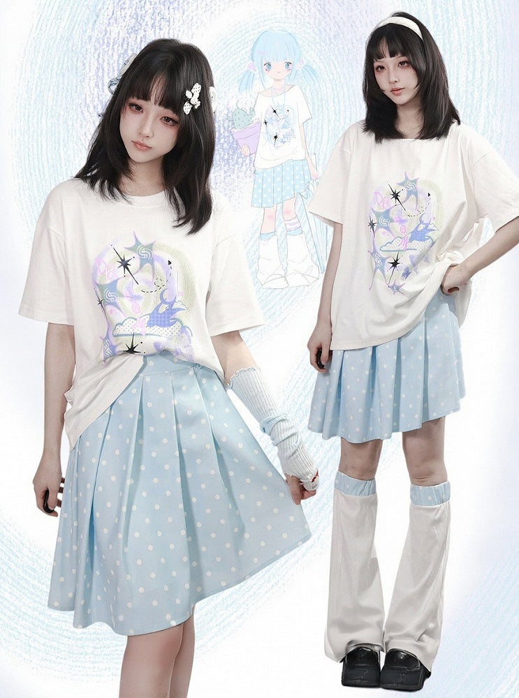 White Round Neck Short Sleeve T-Shirt with Nebula Print - PINK SAVIOR