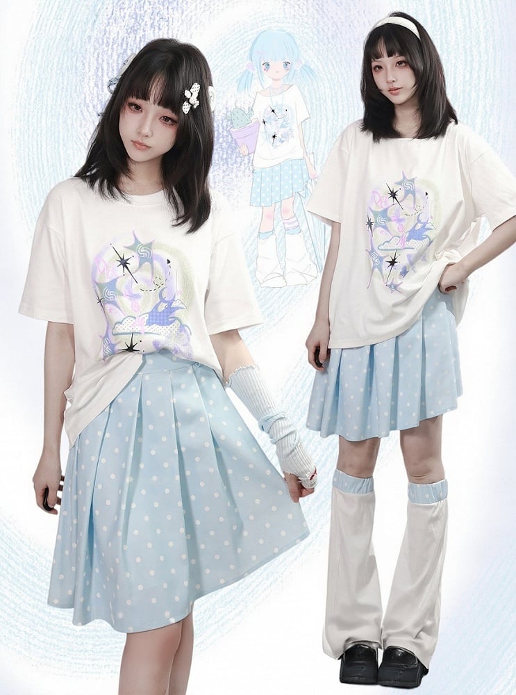 White Wide Round Neck Short Sleeve T-Shirt with Nebula Print - PINK SAVIOR