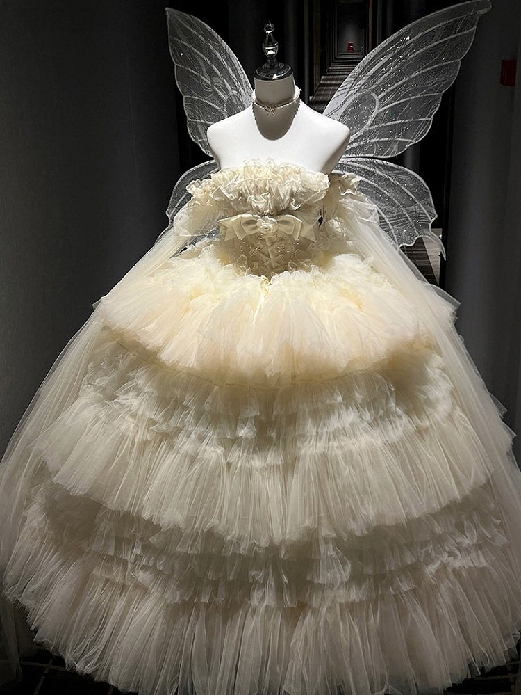 Ruffled Bow Accent with Details Layered Lolita and Tulle Hime White Dress