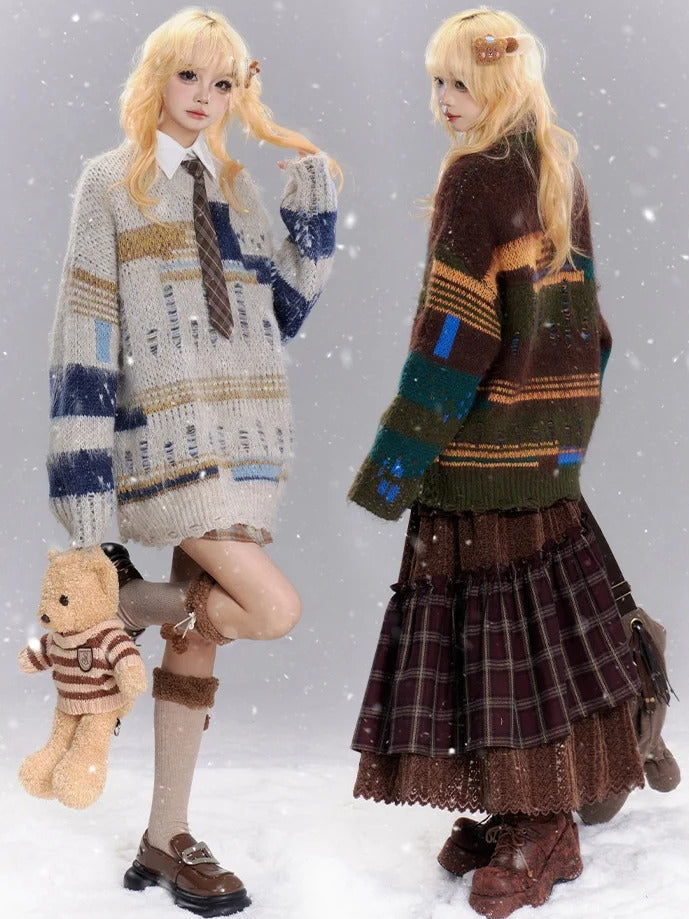 コーヒー/アプリコット パッチワーク ディストレスホールズ ルーズセーター