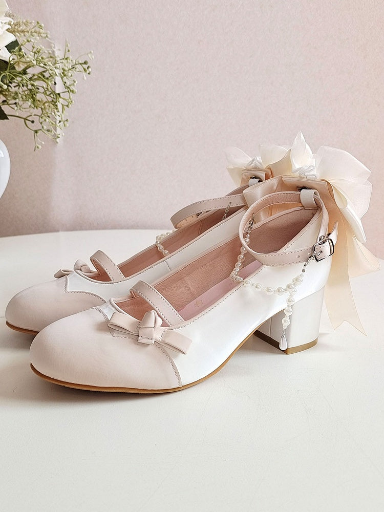 Back Detail Apricot Janes Beaded in Sophisticated Mary Bow Mid-heel PU White Classic Chain Leather