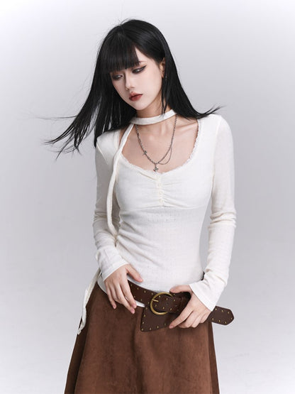 Sleeve Front Strap Ruches White U-Neck with Versatile Matching Top Long Neck