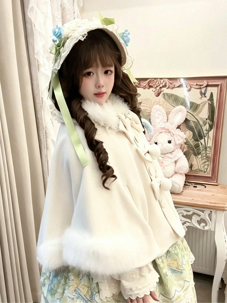 Velvet Lolita Cape in Sweet Beige with Detachable Fur Collar and Bow - Star Fantasy