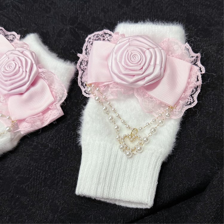 Pink Chains White Bow Rose and Accent Gloves with Pearl