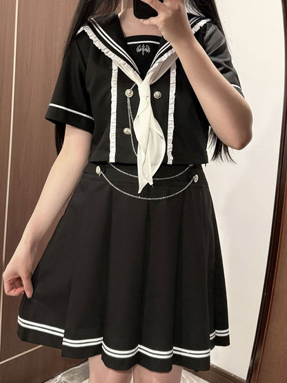 Sleeves Short Pleated Black Navycore JK Top Skirt Sailor Set- + Collar Uniform