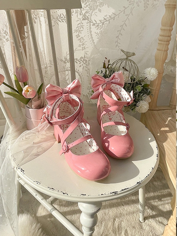 PU - Accent Sweet Bow Design Deep Crisscross Mid-heel Lolita Pink Shoes