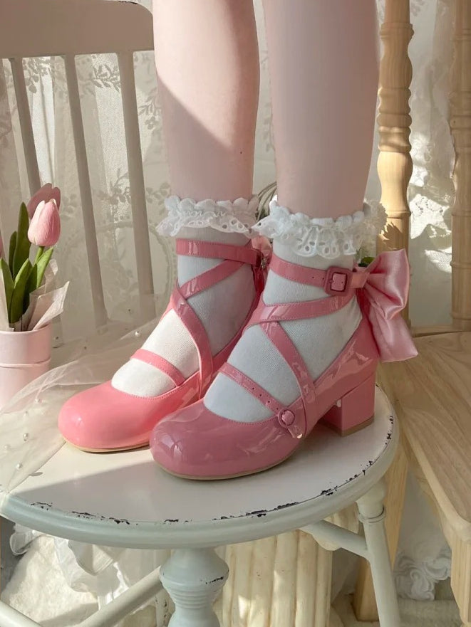 PU - Accent Sweet Bow Design Deep Crisscross Mid-heel Lolita Pink Shoes