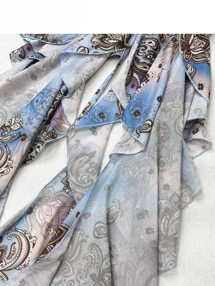 ブルーホリデーフリルプリントトップチューブアクセントデザインカスケーディング