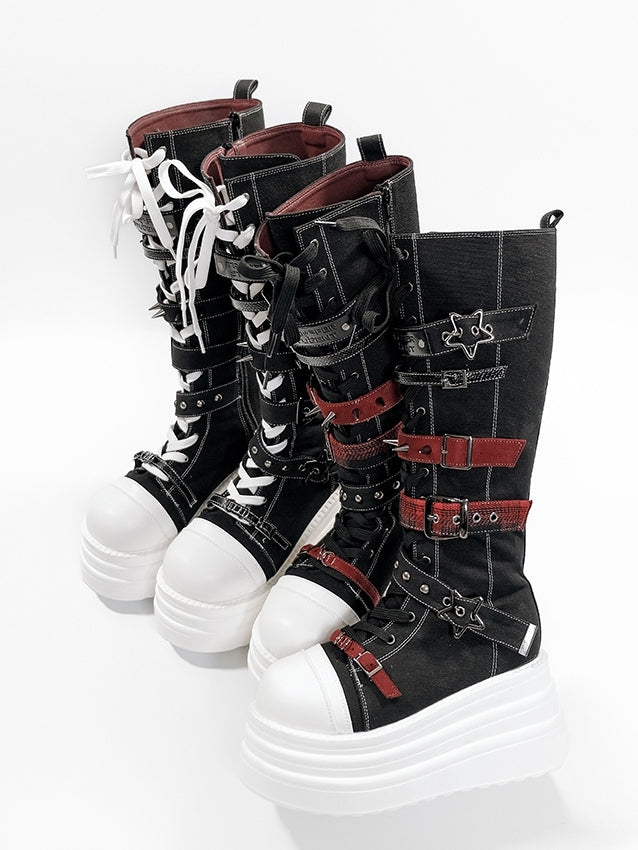 Bottes à plateforme avec système de fermeture, Punk, Hybride en toile rouge et noire