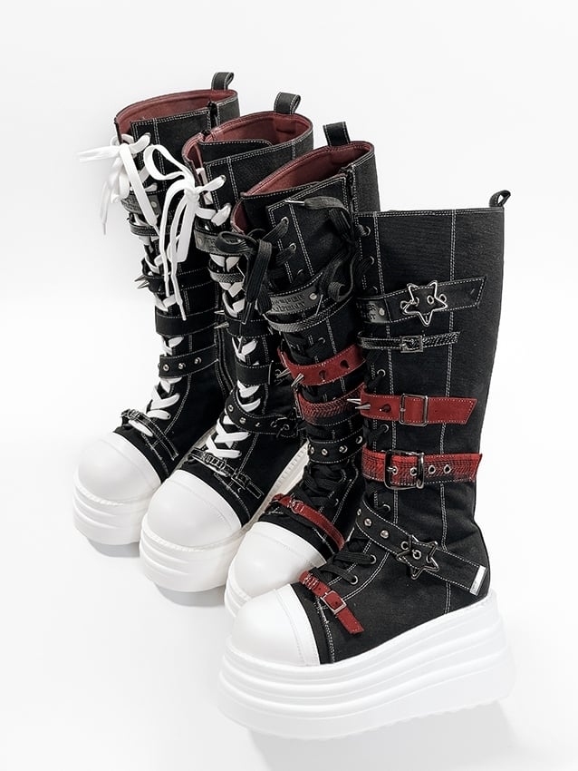 Y2K Canvas Punk Buckle - Black Platform Knee-Highs