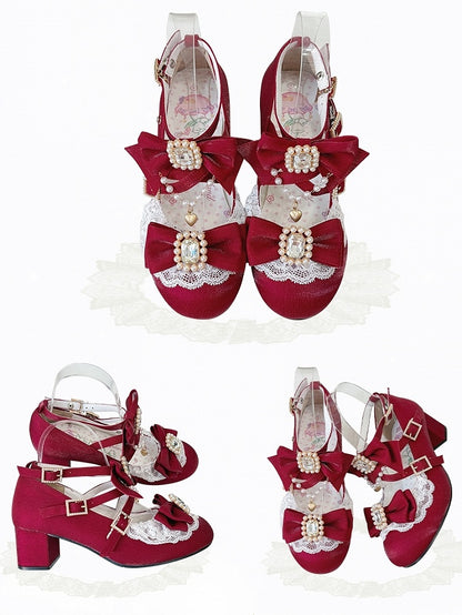 Lace with Edging Sweet Lolita Beaded Mary Heart Mid-heel Chain Jane Red Shoes Decor in Bows