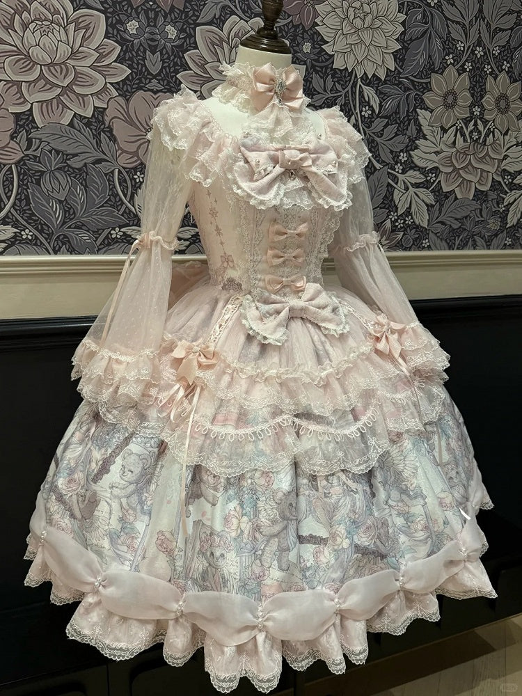 with Dress Hem Sleeves Bell Bear Lolita Angel Ribbon Pink Print Sweet