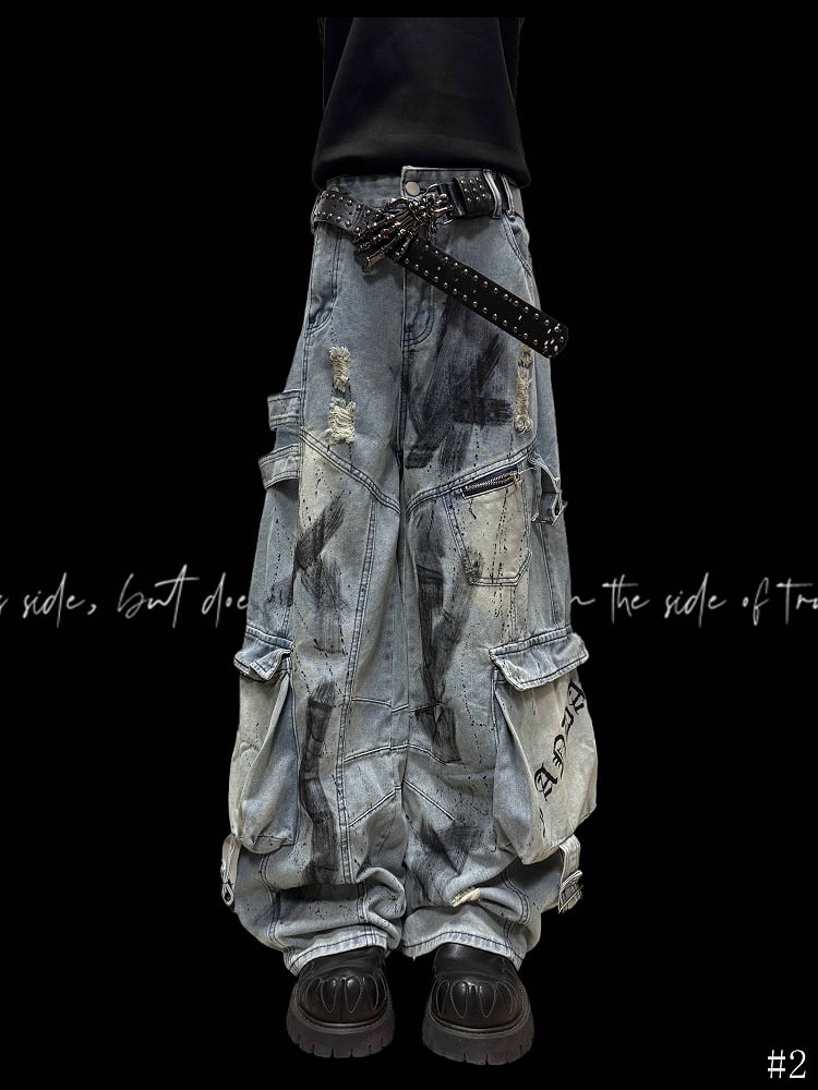 and Blue Distressed Cargo Wide-Leg Edgy with Pockets Jeans Graffiti Accents