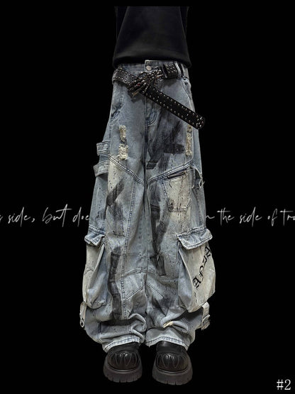and Blue Distressed Cargo Wide-Leg Edgy with Pockets Jeans Graffiti Accents