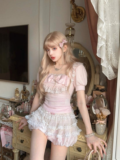 Rosa mit Ärmel Top Schleife Spitze Puff Trim Verspielt Slim-Fit