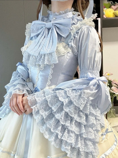 Lace Sleeves Blouse Cotton Bell Gorgeous Layered Lolita Blue