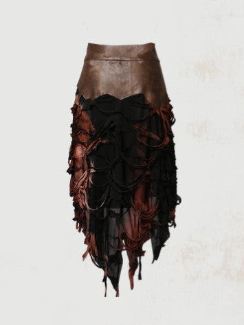 Wine Brown PU Hem Skirt with Handkerchief Red and Punk Black Wasteland Tie-Dye