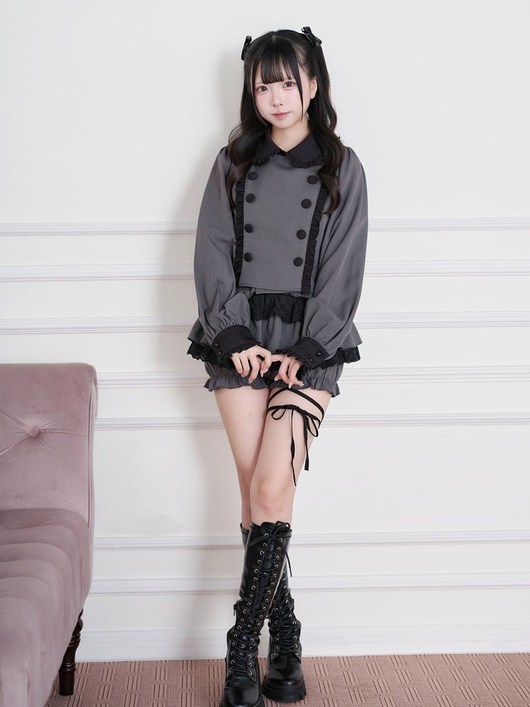 Black & Gray Jirai-Kei Peter Pan Collar Long-Sleeve Top, Double-Breasted & Ruffled - No Genki