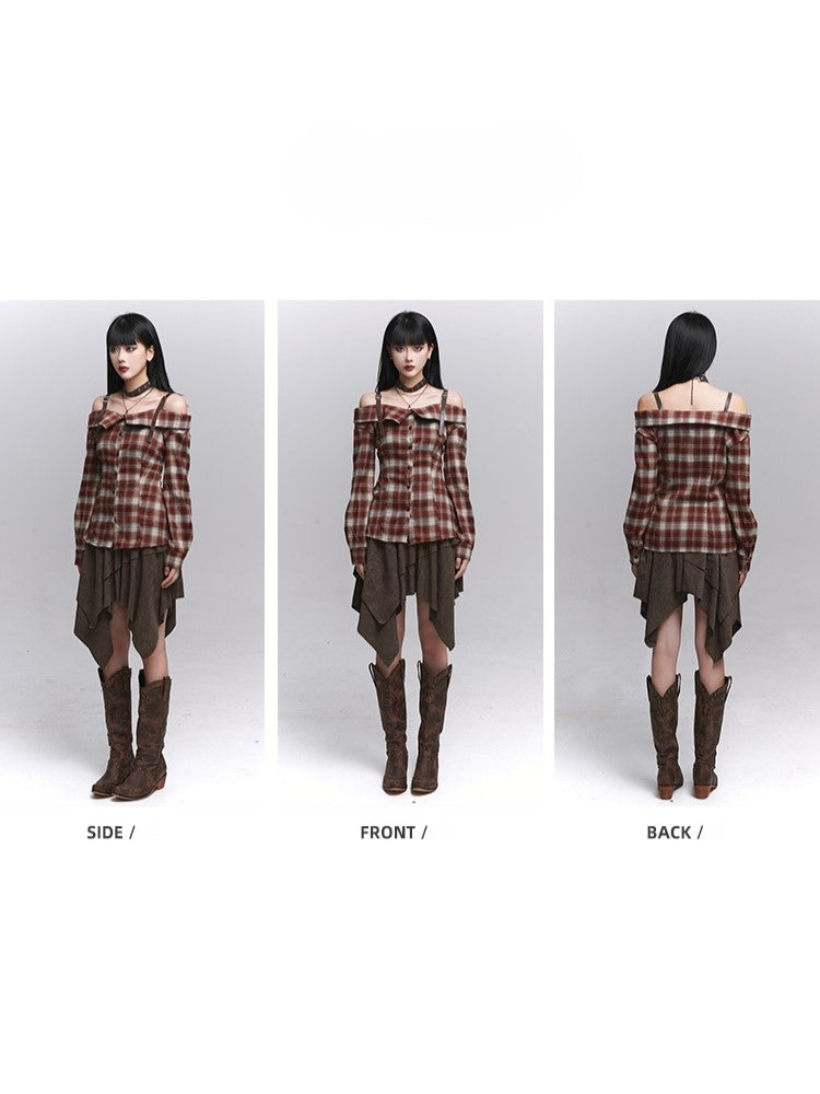Plaid Off-Shoulder Design Blouse Gothic with PU Adjustable Red