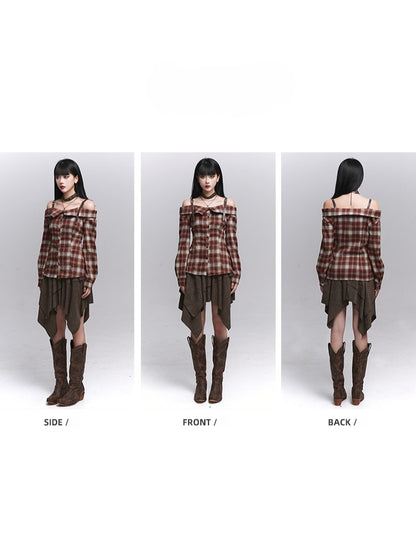 Plaid Off-Shoulder Design Blouse Gothic with PU Adjustable Red