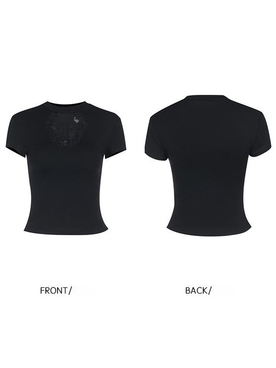 Cross Sleeve Black Cutout Halloween Charm with Top Short Tulle Applique Gothic Hexagon