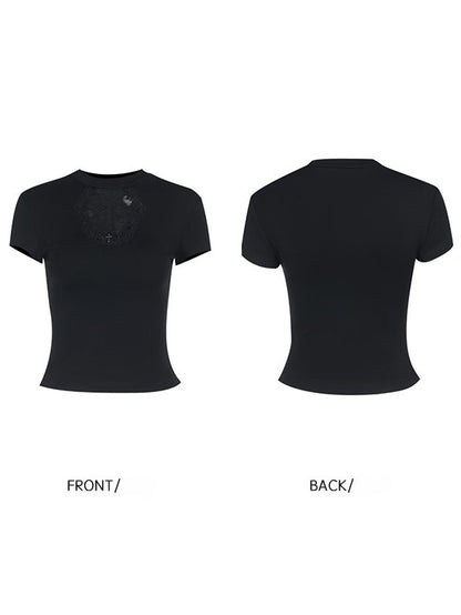 Cross Sleeve Black Cutout Halloween Charm with Top Short Tulle Applique Gothic Hexagon