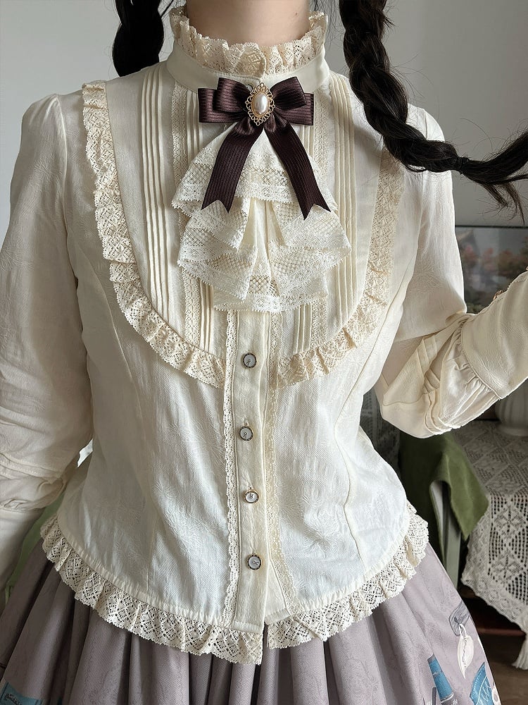 Beige Leg-of-Mutton Sleeves Lace Trim Elegant Blouse - Dream Whale