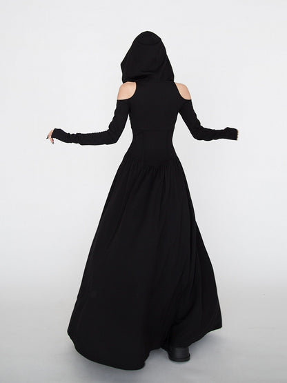 Gothic Schwarzes Wasteland Punk Kapuzenkleid mit Cutout an der Schulter