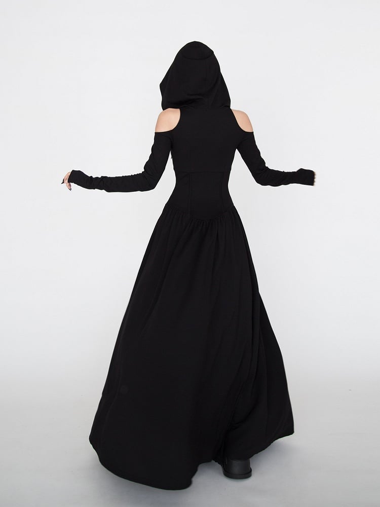 Kapuzen-Hexen-Punk-Kleid im Wasteland-Look für schwarzen Halloween-Gothic-Schulterausschnitt
