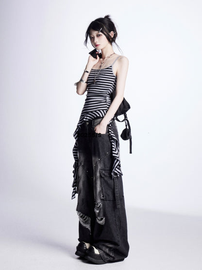 ヴィンテージ ブラック グレー ストライプ カスケード ラッフル アクセント キャミソール トップス