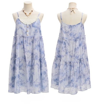 Shell Charm Neckline Dye Tassel Hem Tie Dress Loose Slip Blue Chiffon