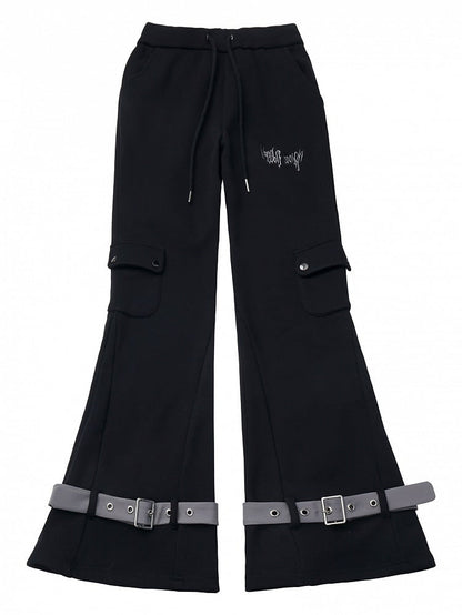 Waist Elastic Drawstring Black Pants Flare - with Silhouette Covered