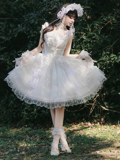 Bead Valley Dress of Lily Bow Embroidered White Sweet with Accents and Lace the Lolita