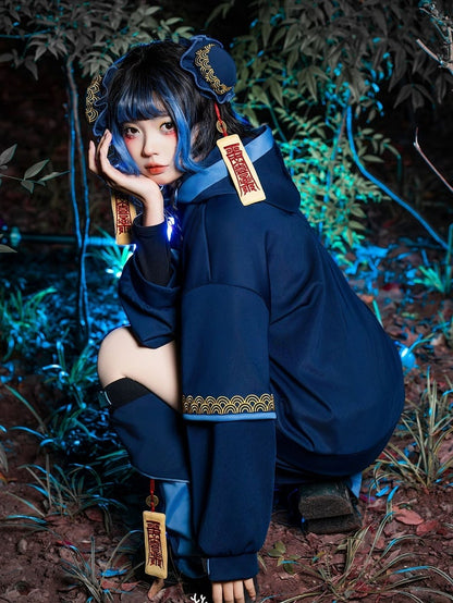 Navy Matching Talisman Goth Zombie Hooded Embroidery Cheongsam Hairclips Style Blue Jacket with Little