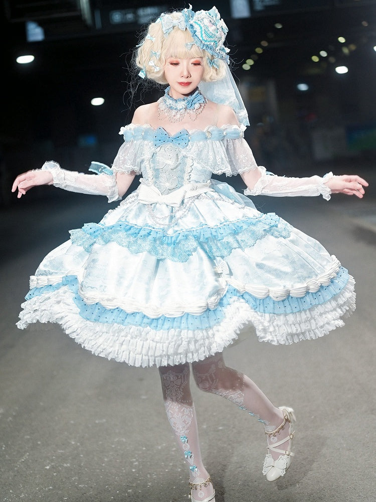 Hime Mini Veil KC Blue Hat Full Off + Cuffs Choker Dress Shoulder Wrist Set Lolita