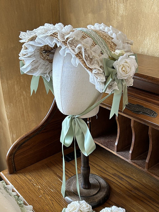 Flower Flat Hat Bow Decoration and Straw Green