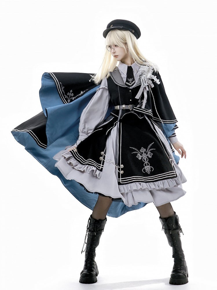 Hemd + Lolita-Westenärmel-Set - Schwarz, lang, grau und Militärrock