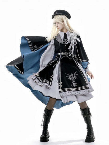 Hemd + Lolita-Westenärmel-Set - Schwarz, lang, grau und Militärrock