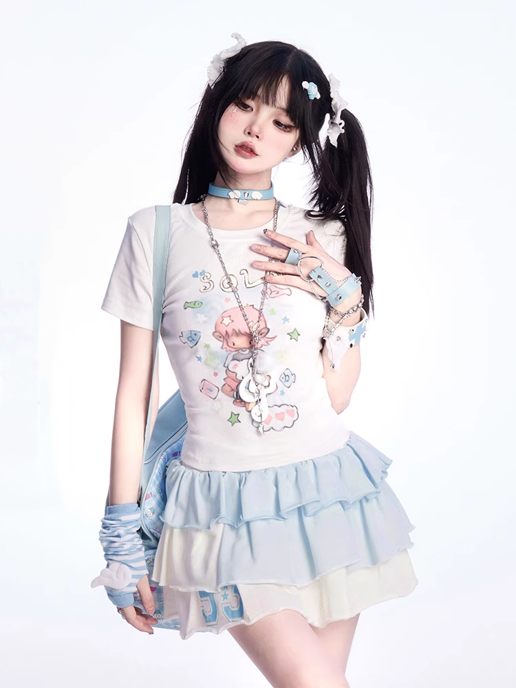 ホワイトラウンドネックかわいい漫画プリントTシャツ