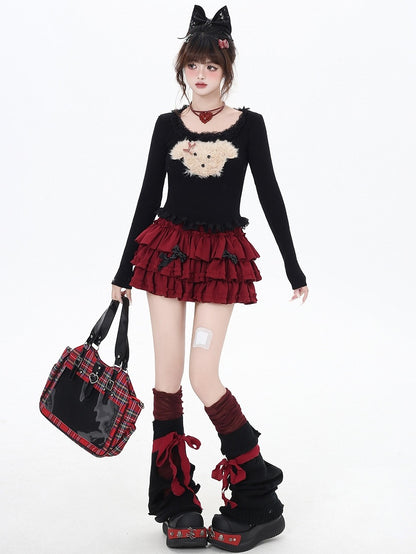 Weiß/Grau/Schwarzes Stricktop mit Plüschwelpen-Applikation und Spitzenbesatz