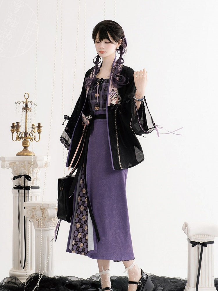 Chinese Hanfu Lolita Purple & Plaid Two-piece Song-style Skirt - Luo Xiu Dong Xiang