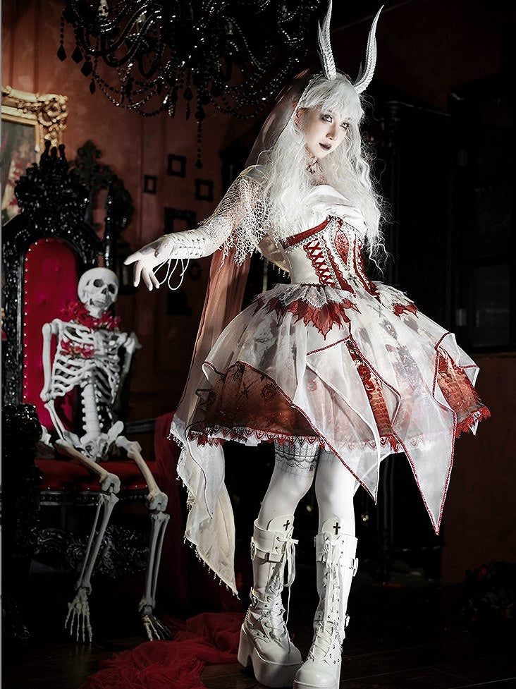 Red & White Bone Dragon Embroidery Halter Neck Gothic Lolita Dress Set - Ying Luo Fu