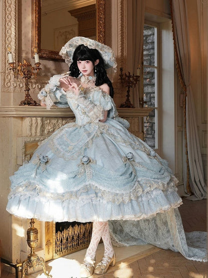 Version Light Hime Off-Shoulder Lace and with Details Gown Layered Blue Lolita Hanayome Bow Short Ruffles