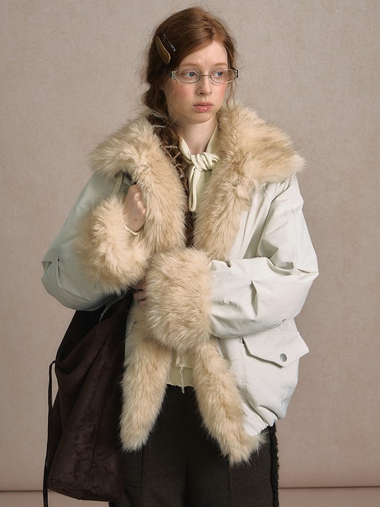 Light Gray/Brown Puffer Jacket with Buckle Strap and Plush Trim