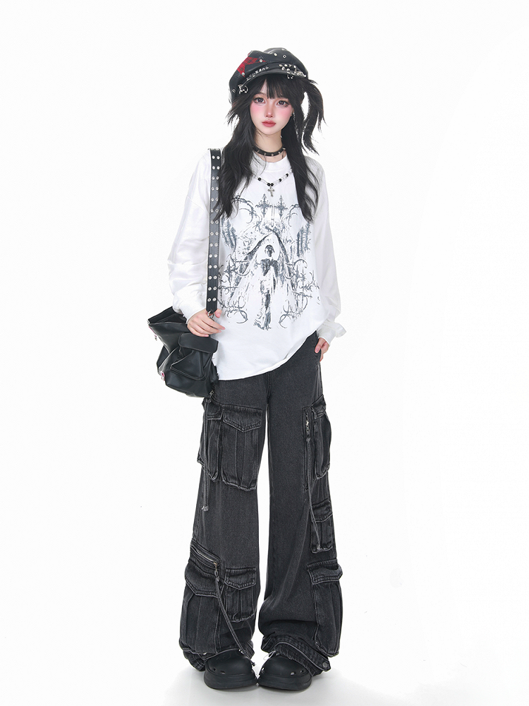 Bead Black/White Distressed Long Sleeve Sweatshirt with Detachable Chain