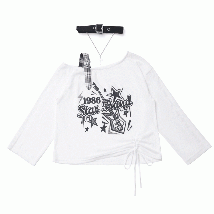 Blue/Black Free with Choker Guitar Print Asymmetrical Neckline Coverup