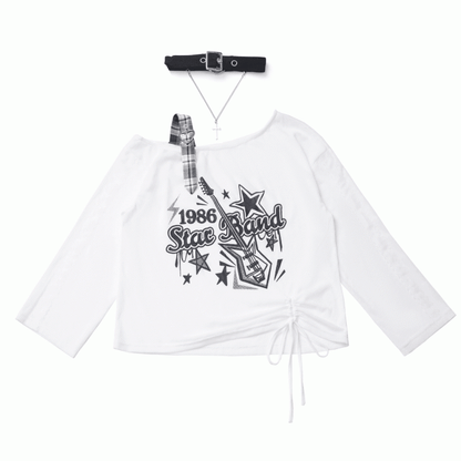 Blau/Schwarz Free mit Choker-Gitarrendruck, asymmetrischer Ausschnitt, Überwurf