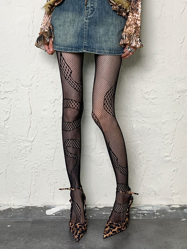 Y2K Black Snake Print Openwork Tights